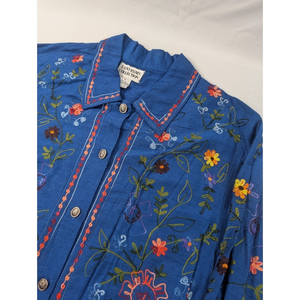 Vtg Tantrums Collection Metal Button‎ Front Shirt Silk Blend Floral Embroidery M